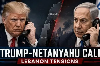 Trump and Netanyahu Phone Call news graphic showing Donald Trump and Benjamin Netanyahu on a tense phone call, with Israel-Lebanon map visuals, Beirut skyline, and Lebanon tensions in the background.