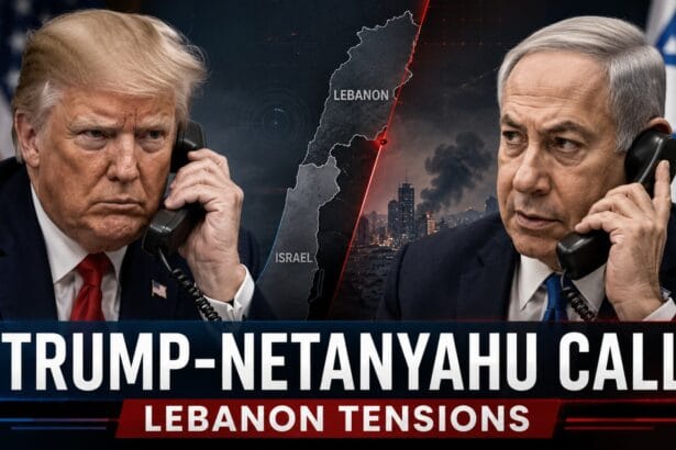 Trump and Netanyahu Phone Call news graphic showing Donald Trump and Benjamin Netanyahu on a tense phone call, with Israel-Lebanon map visuals, Beirut skyline, and Lebanon tensions in the background.
