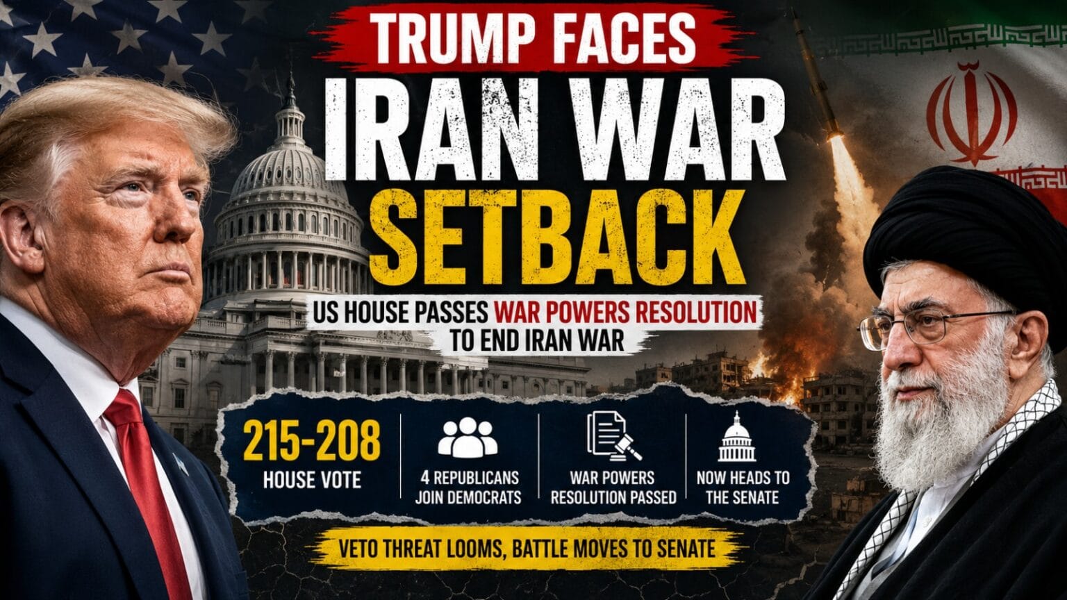 Trump Iran war setback news graphic showing Donald Trump, Iran’s Supreme Leader, the US Capitol, missile visuals, and war-torn imagery after the US House passed a War Powers Resolution.