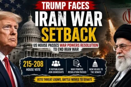 Trump Iran war setback news graphic showing Donald Trump, Iran’s Supreme Leader, the US Capitol, missile visuals, and war-torn imagery after the US House passed a War Powers Resolution.
