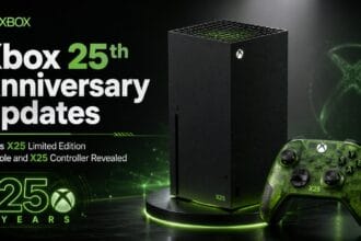 Xbox 25th Anniversary Updates hero image featuring a black Xbox Series X25 Limited Edition console and translucent green X25 controller on a dark futuristic background with neon green lighting.