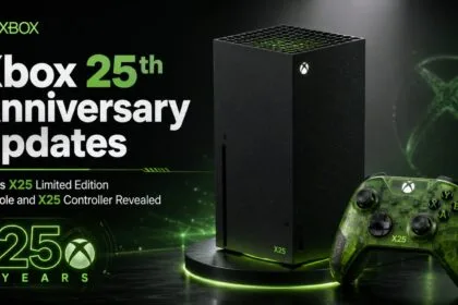 Xbox 25th Anniversary Updates hero image featuring a black Xbox Series X25 Limited Edition console and translucent green X25 controller on a dark futuristic background with neon green lighting.