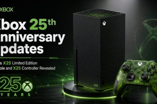 Xbox 25th Anniversary Updates hero image featuring a black Xbox Series X25 Limited Edition console and translucent green X25 controller on a dark futuristic background with neon green lighting.