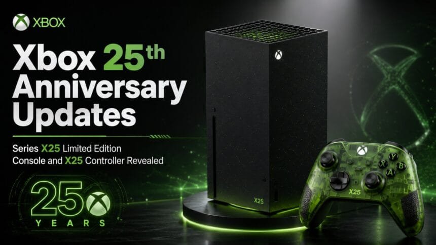 Xbox 25th Anniversary Updates hero image featuring a black Xbox Series X25 Limited Edition console and translucent green X25 controller on a dark futuristic background with neon green lighting.