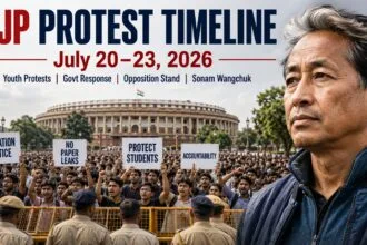 Gen Z Movement protest in New Delhi showing young Indian students demanding education justice, action against paper leaks and government accountability, with police barricades, Parliament in the background and Sonam Wangchuk representing the hunger strike.