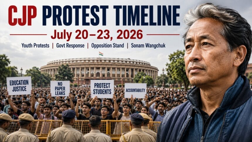 Gen Z Movement protest in New Delhi showing young Indian students demanding education justice, action against paper leaks and government accountability, with police barricades, Parliament in the background and Sonam Wangchuk representing the hunger strike.