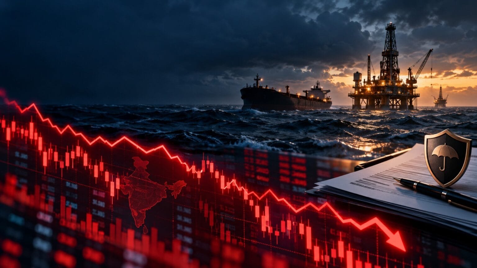 Indian stock market decline illustrated by a falling red chart, with an oil tanker, offshore rig and insurance documents in the background.