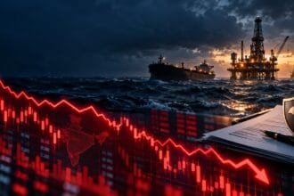 Indian stock market decline illustrated by a falling red chart, with an oil tanker, offshore rig and insurance documents in the background.