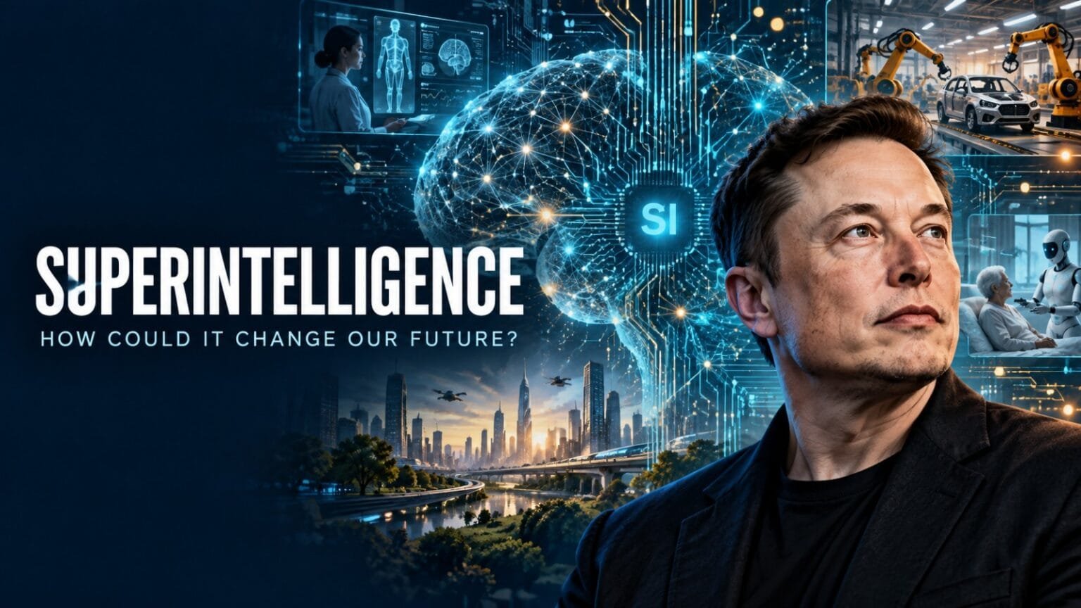 Illustration of Elon Musk beside a glowing superintelligence network, with scenes of robotic manufacturing, healthcare and a futuristic city.