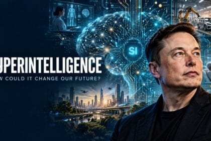 Illustration of Elon Musk beside a glowing superintelligence network, with scenes of robotic manufacturing, healthcare and a futuristic city.