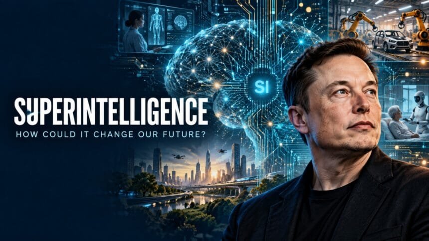 Illustration of Elon Musk beside a glowing superintelligence network, with scenes of robotic manufacturing, healthcare and a futuristic city.