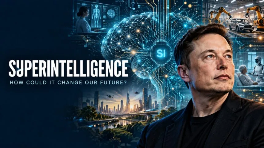 Illustration of Elon Musk beside a glowing superintelligence network, with scenes of robotic manufacturing, healthcare and a futuristic city.