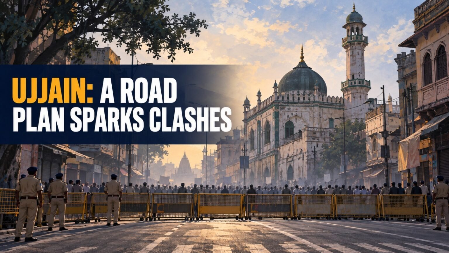 Illustration of police barricades and a crowd near a mosque in Ujjain, representing the Shahi Masjid road-widening dispute.