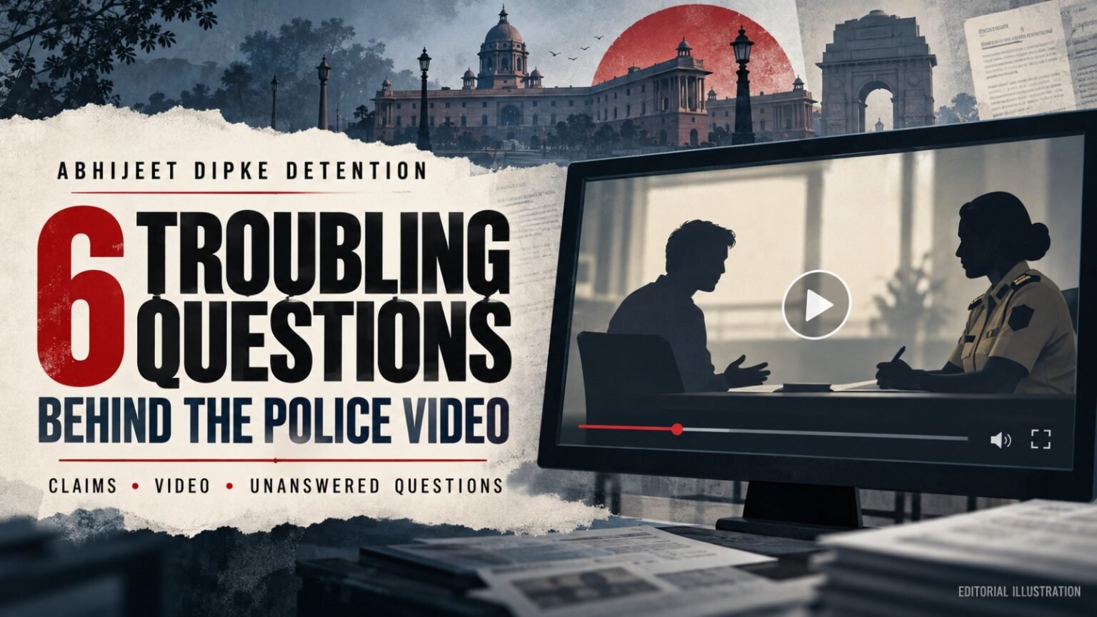 Abhijeet Dipke Detention editorial illustration showing a civilian and police officer on a video screen beside the headline “6 Troubling Questions Behind the Police Video.