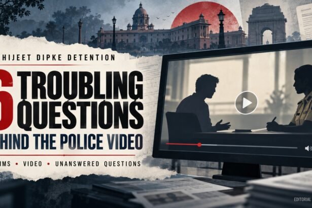 Abhijeet Dipke Detention editorial illustration showing a civilian and police officer on a video screen beside the headline “6 Troubling Questions Behind the Police Video.