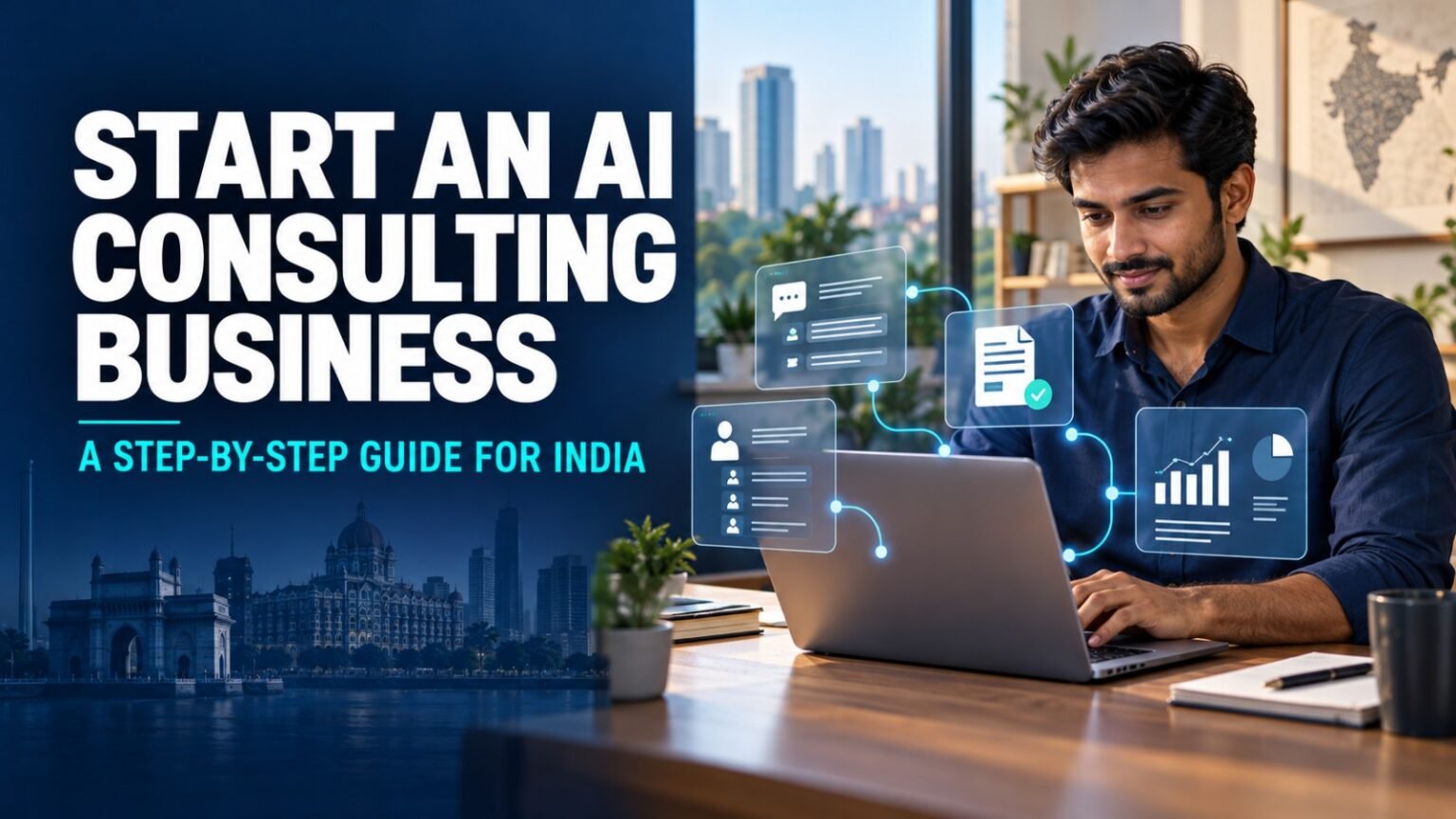 Indian consultant working on a laptop with AI workflow graphics, illustrating a step-by-step guide to starting an AI consulting business in India.