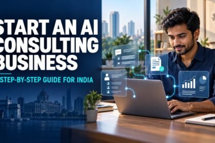 Indian consultant working on a laptop with AI workflow graphics, illustrating a step-by-step guide to starting an AI consulting business in India.