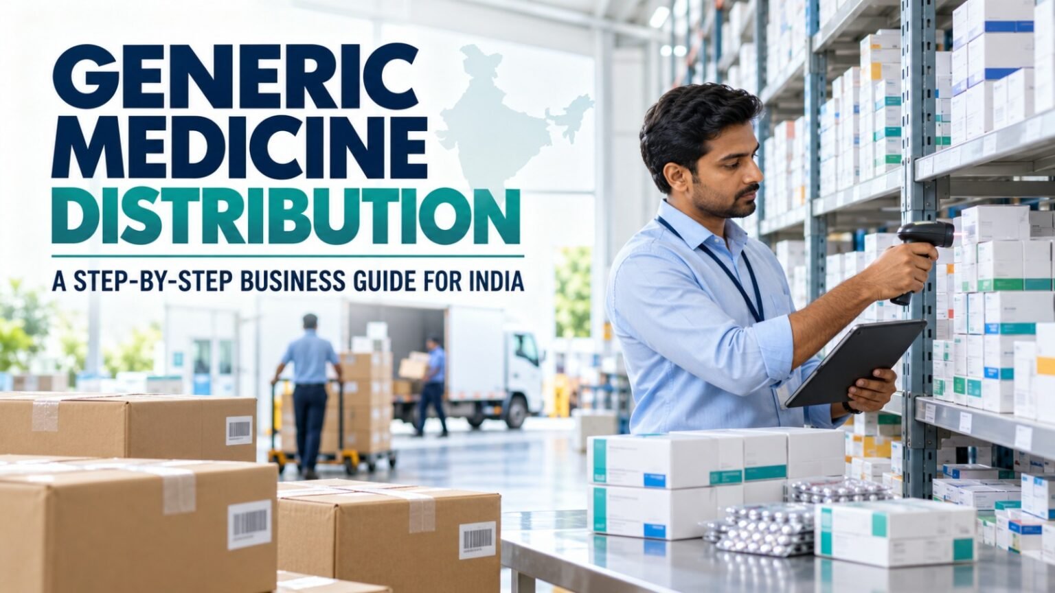 Generic medicine distribution warehouse in India, with a professional scanning packaged medicines beside organised shelves and delivery cartons.