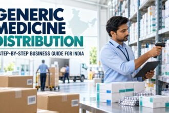 Generic medicine distribution warehouse in India, with a professional scanning packaged medicines beside organised shelves and delivery cartons.
