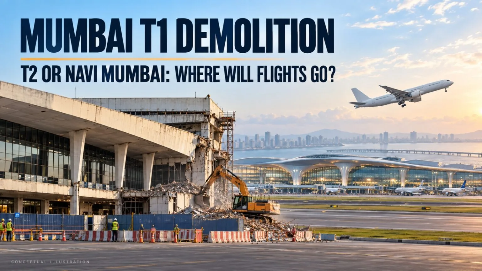Mumbai T1 demolition conceptual illustration showing terminal redevelopment, an excavator, a modern airport and a departing aircraft.