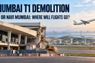 Mumbai T1 demolition conceptual illustration showing terminal redevelopment, an excavator, a modern airport and a departing aircraft.