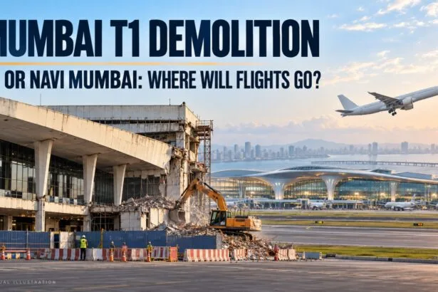 Mumbai T1 demolition conceptual illustration showing terminal redevelopment, an excavator, a modern airport and a departing aircraft.