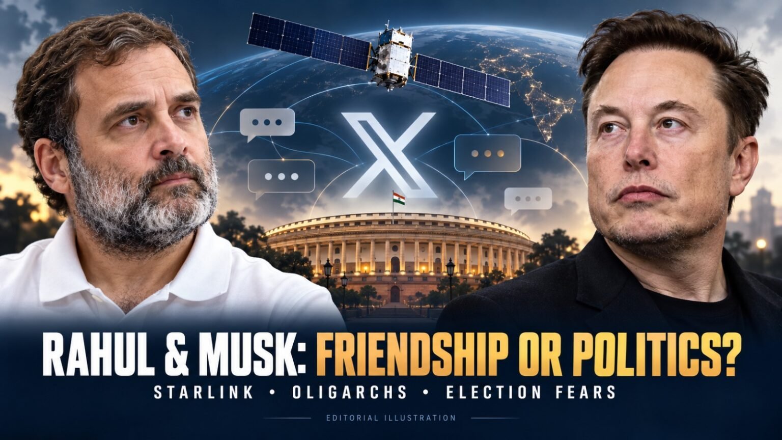 Elon Musk tweet controversy illustrated with portraits of Rahul Gandhi and Musk, an X symbol, a satellite and India’s Parliament.