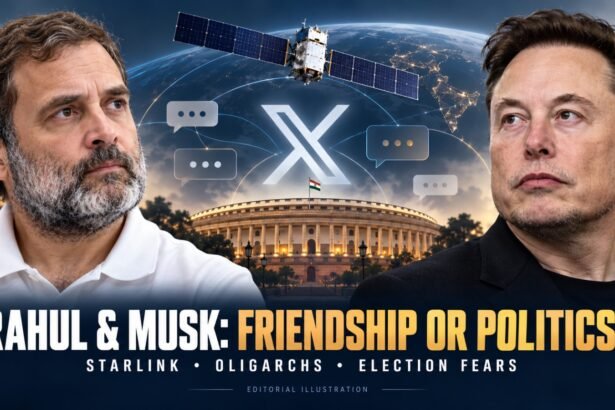 Elon Musk tweet controversy illustrated with portraits of Rahul Gandhi and Musk, an X symbol, a satellite and India’s Parliament.