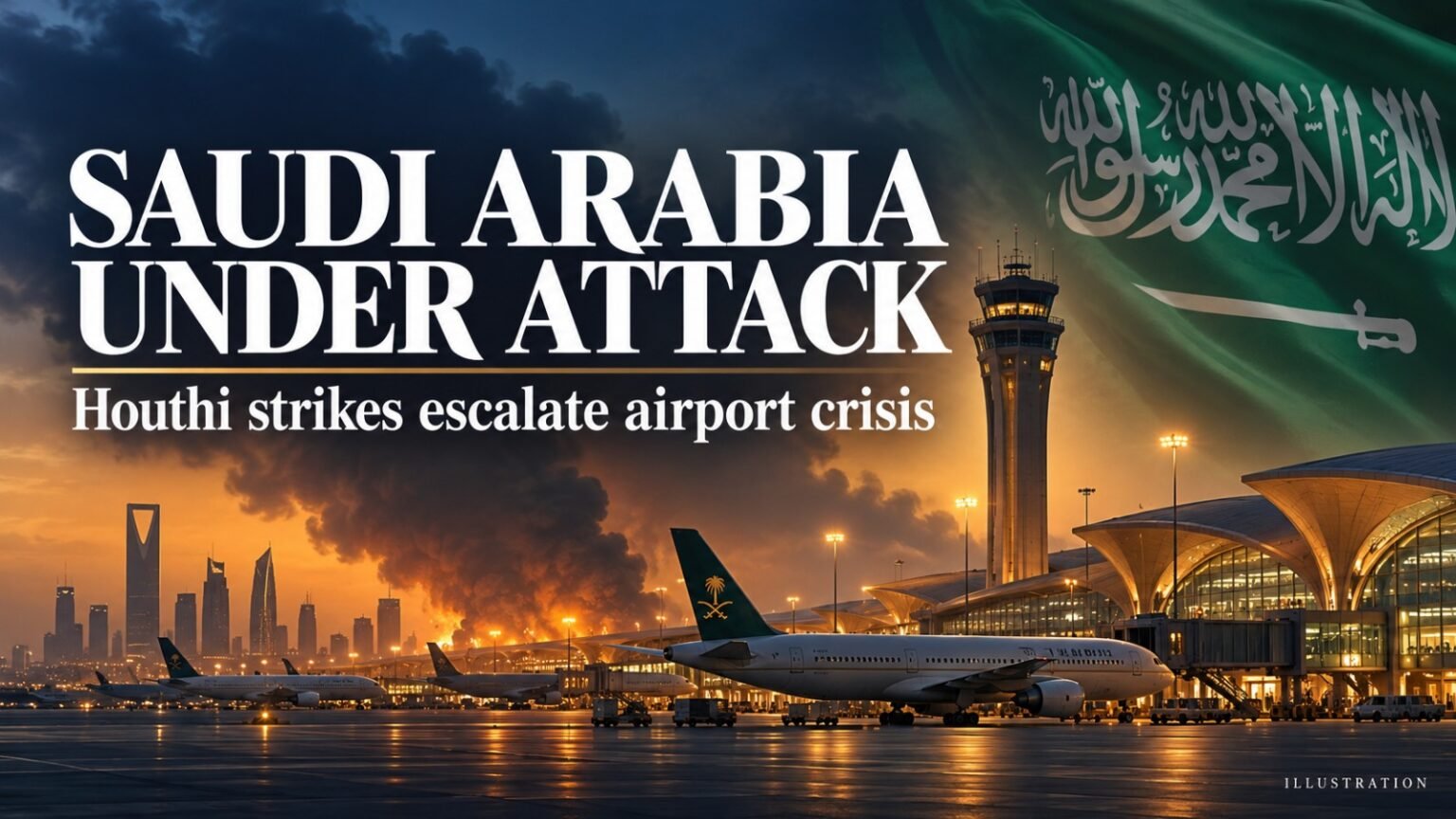 Editorial illustration of Saudi Arabia Houthi attacks showing smoke behind an airport, passenger aircraft and the Saudi flag, with the headline “Saudi Arabia Under Attack.