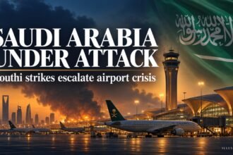 Editorial illustration of Saudi Arabia Houthi attacks showing smoke behind an airport, passenger aircraft and the Saudi flag, with the headline “Saudi Arabia Under Attack.