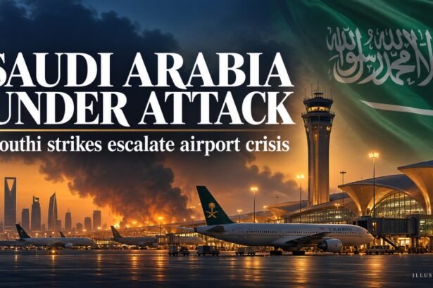 Editorial illustration of Saudi Arabia Houthi attacks showing smoke behind an airport, passenger aircraft and the Saudi flag, with the headline “Saudi Arabia Under Attack.