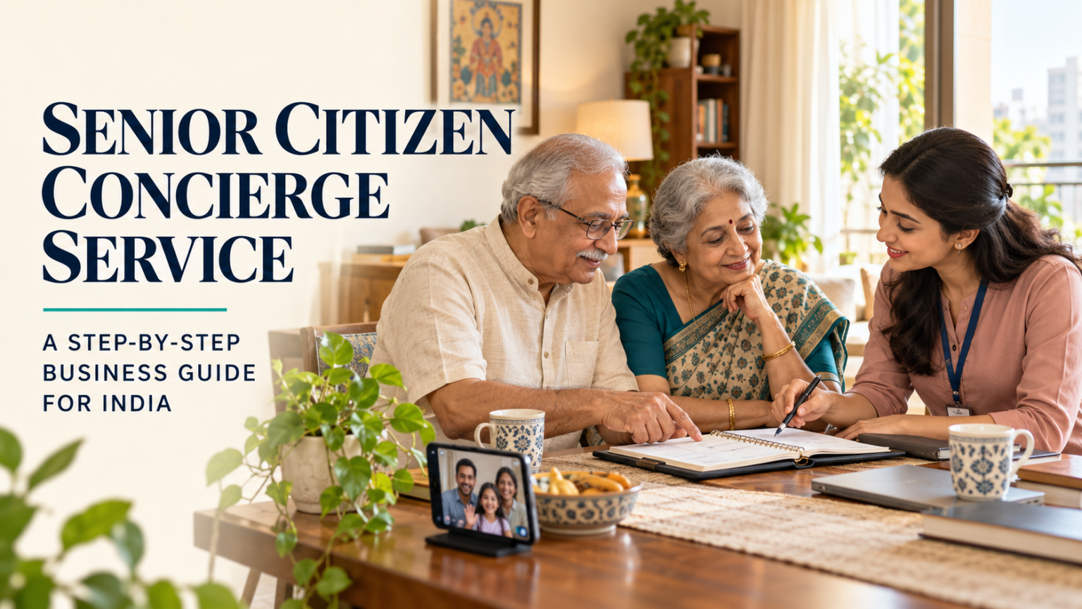 Senior citizen concierge service professional helping an Indian elderly couple plan appointments at home, with family connected through a video call.