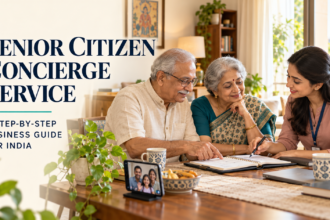 Senior citizen concierge service professional helping an Indian elderly couple plan appointments at home, with family connected through a video call.